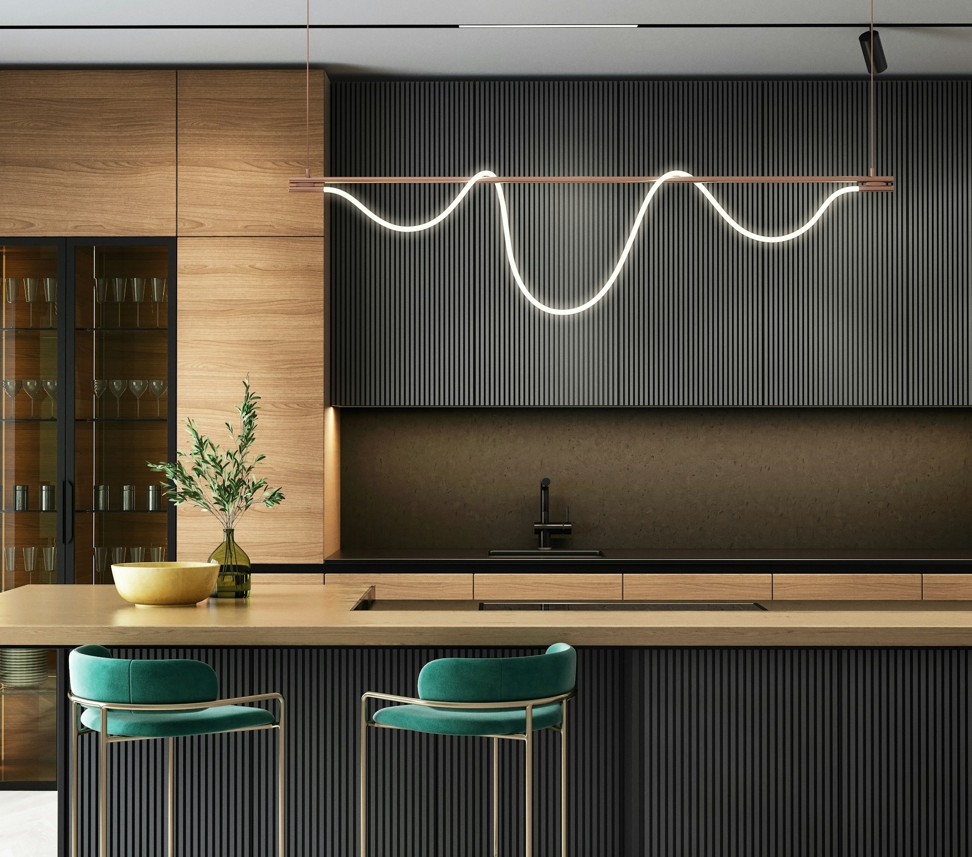 Modern kitchen with black ribbed cabinetry, wood upper cabinets, a light wood island with green bar stools, and a wavy pendant light above.