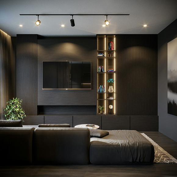 Modern living room with a dark sectional sofa facing a wall-mounted flat-screen TV and illuminated built-in shelves filled with books and decorative items.